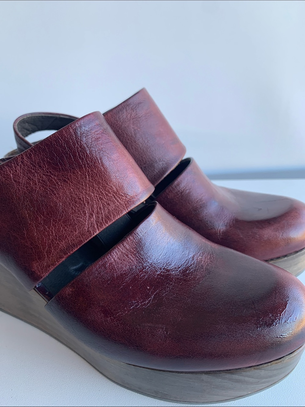 Coclico Burgundy Leather Platform Wedge Clogs Mary Jane’s made in Spain